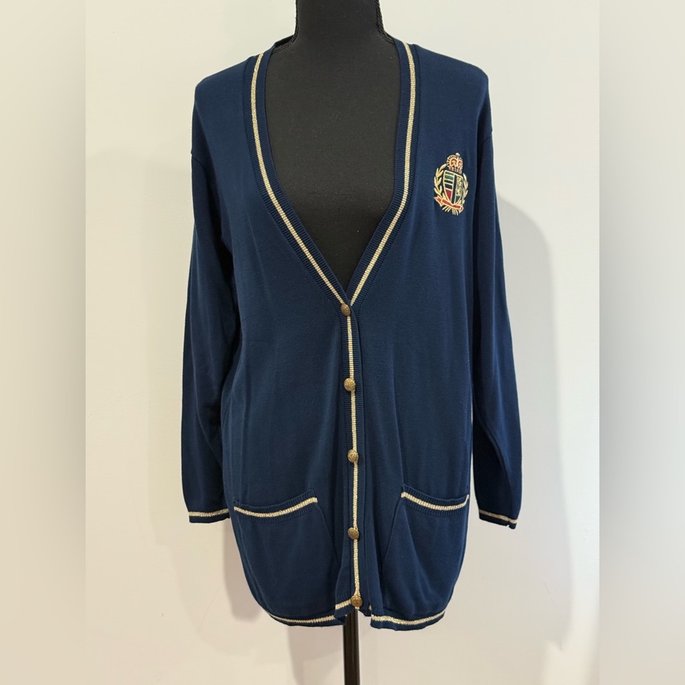 Southern Lady S Vintage Navy Blue Cardigan Sweater with Gold Trim &Crest 870